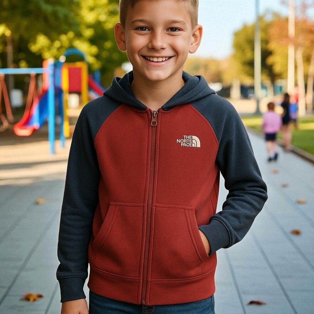 THE NORTH FACE Red Blue Hoodie Full Zipper Jacket Fleece Boys S 7 PLAY CONDITION - Picture 1 of 16